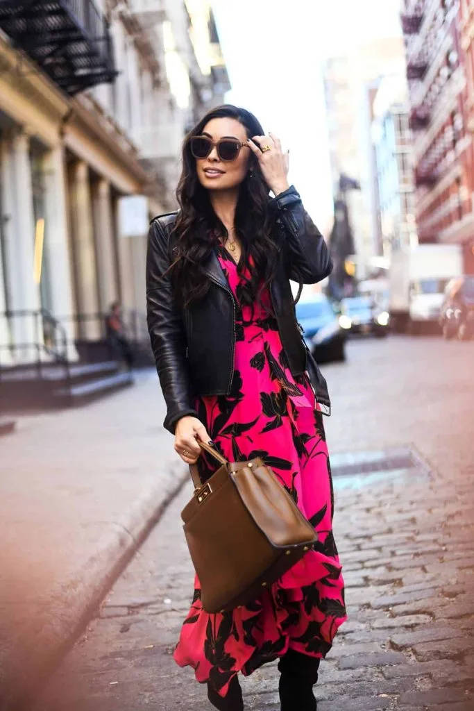 black leather jacket and red dress