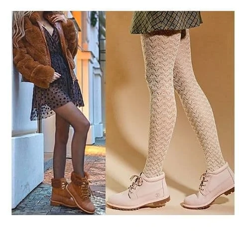 dress up Timberland boots, timberland boots outfit, how to style timberland boots with tights