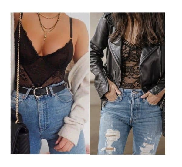 lace bodysuit outfit ideas with jacket