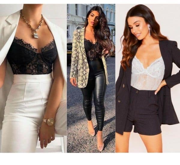 lace bodysuit outfit ideas with blazer