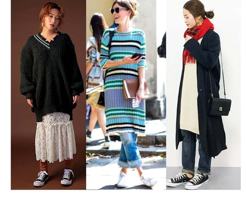 how to wear a sweater dress with sneakers