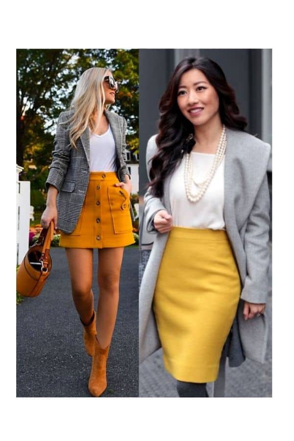 Mustard yellow skirt outfit fall