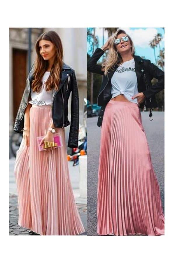 long maxi pink skirt outfit ideas