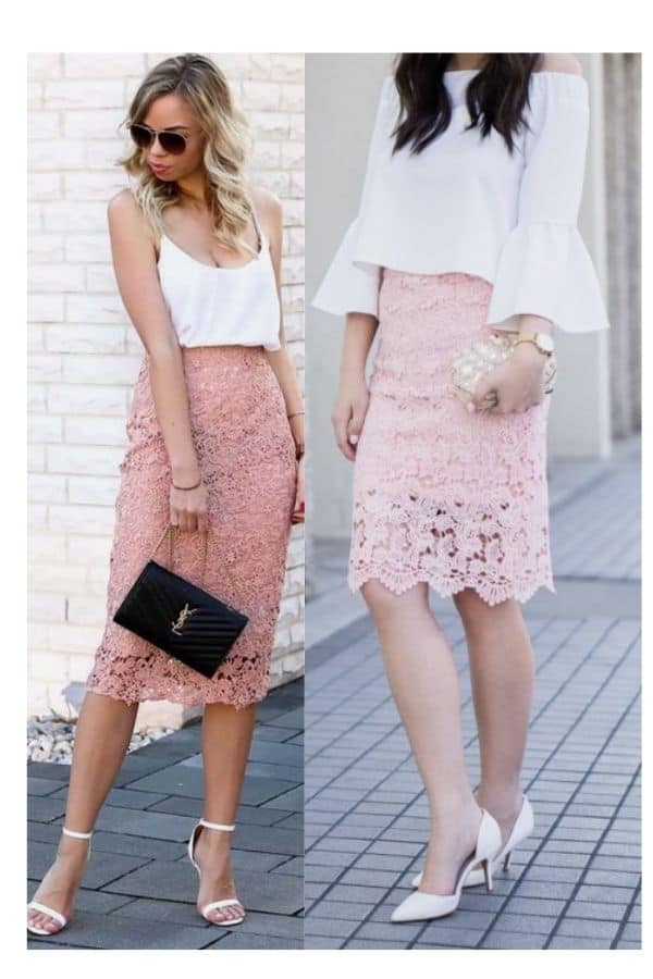 pink lace skirt outfit idea