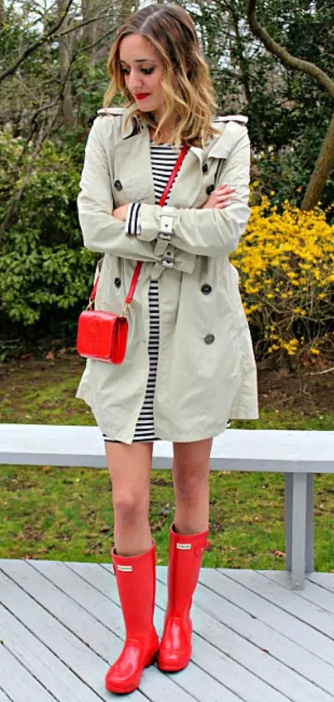 trench coat outfit with red boots