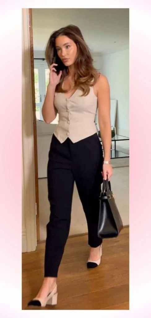 black and beige wedding guest attire