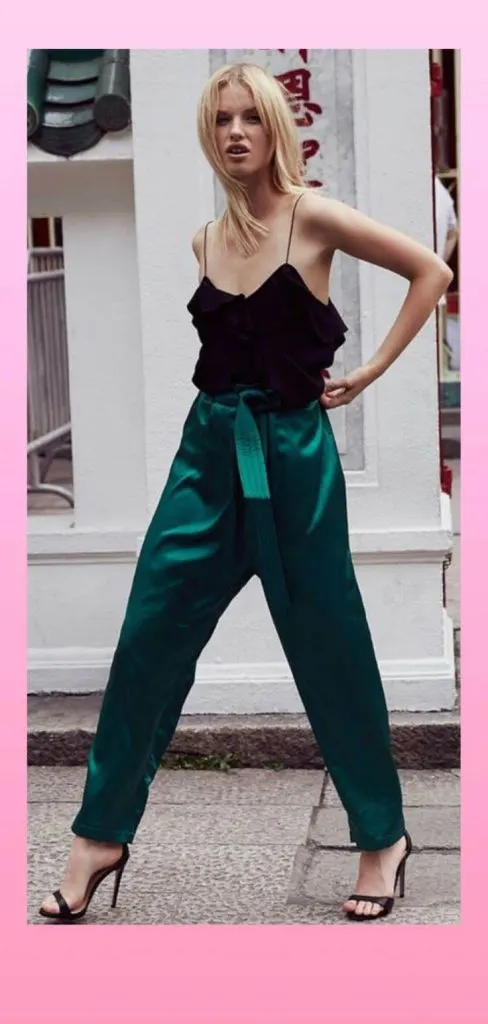 emerald green pants and white shirt