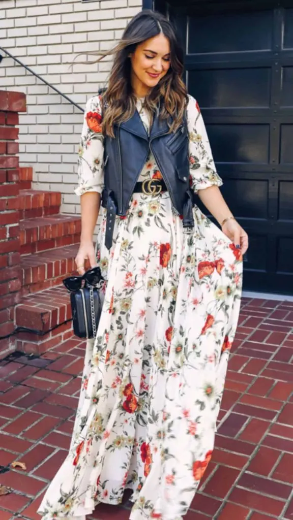 Black leather vest & print dress