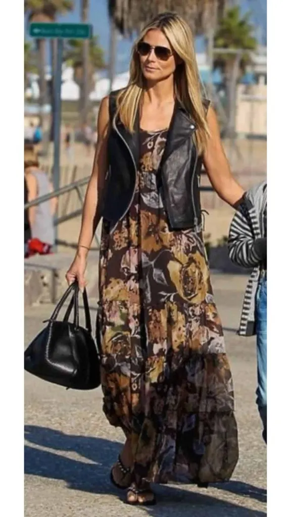 black leather vest and print dress
