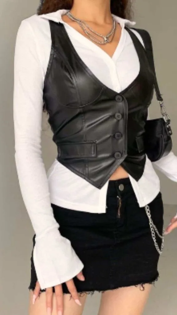 black faux leather vest and white top
