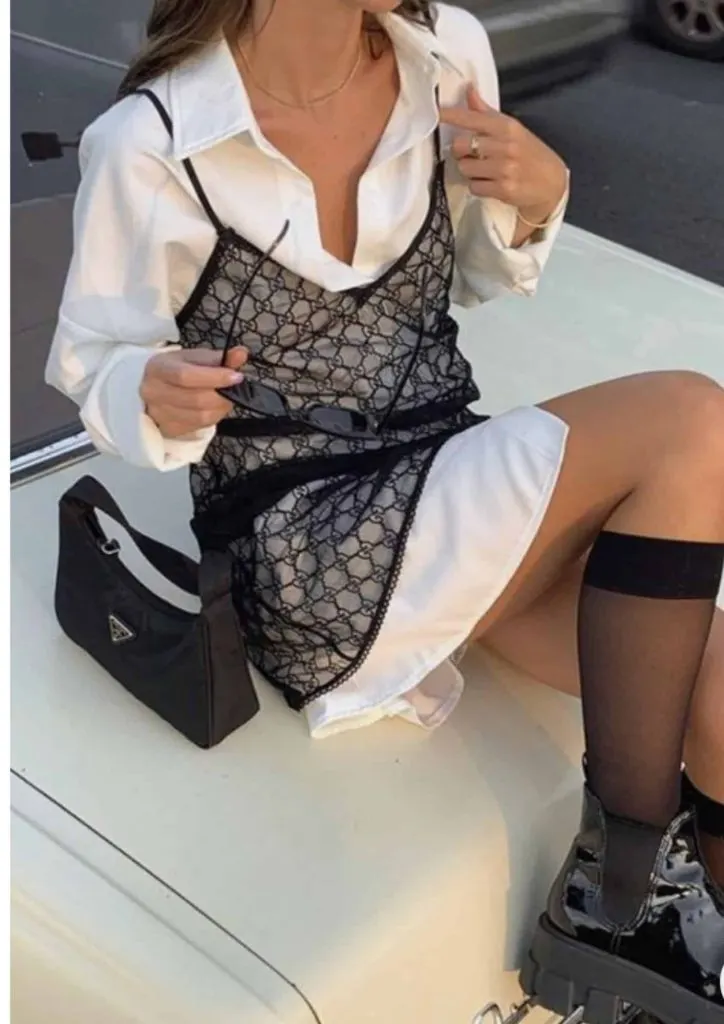 black sheer dress and white shirt