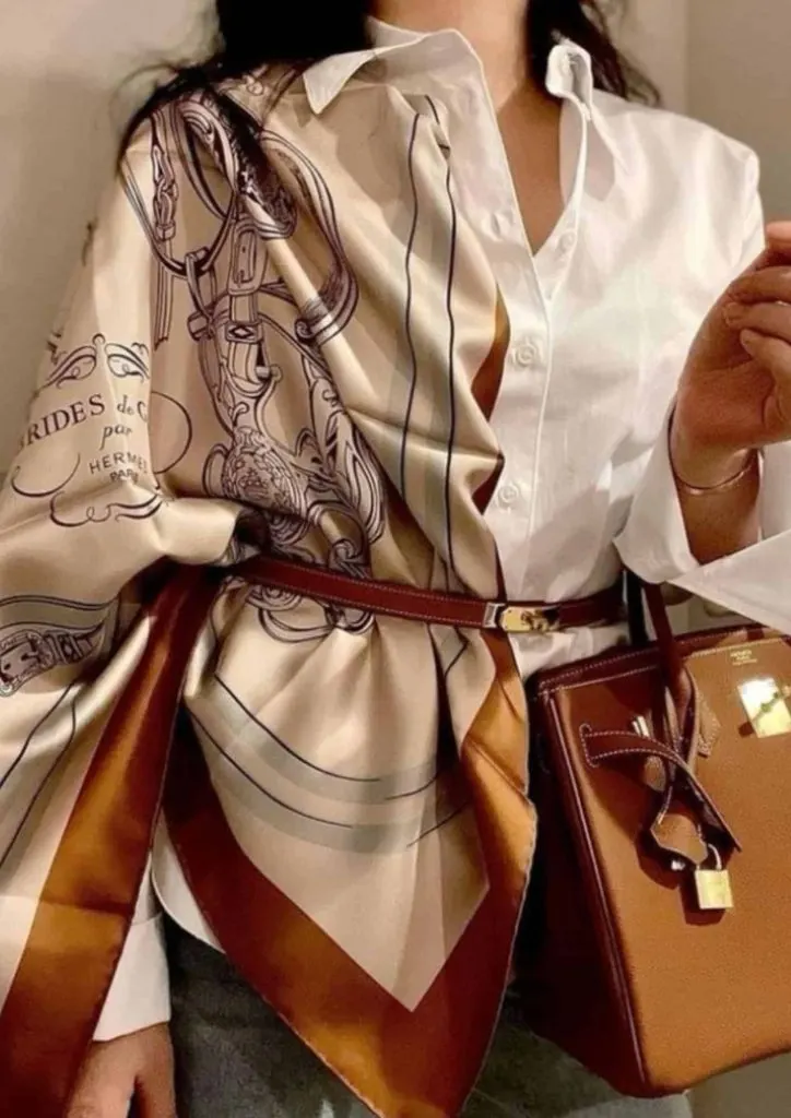 white shirt and satin scarf