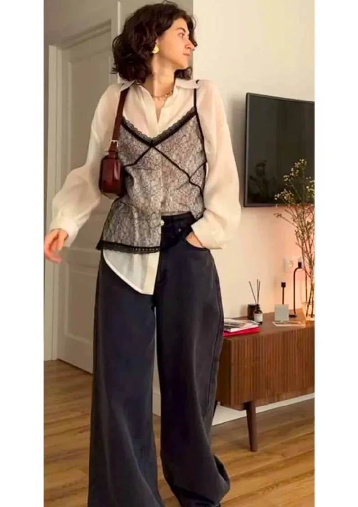 black lace top and white shirt