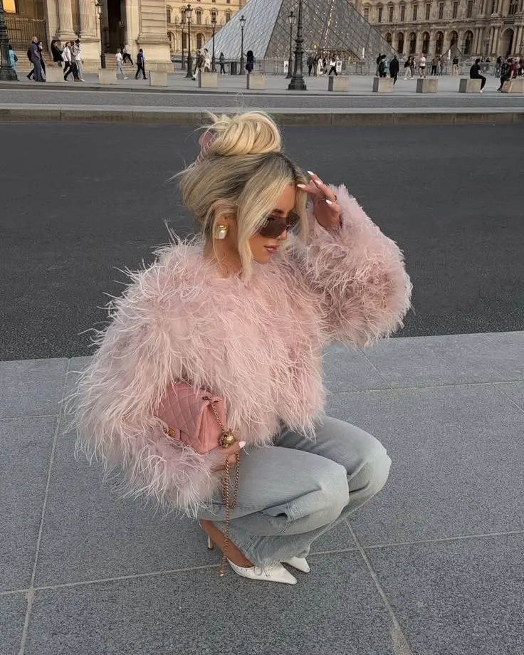 pink faux fur coat outfit