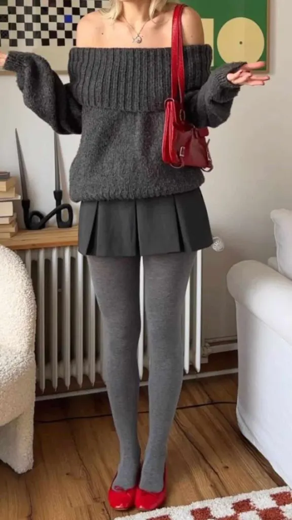 grey top burgundy tights outfit ideas