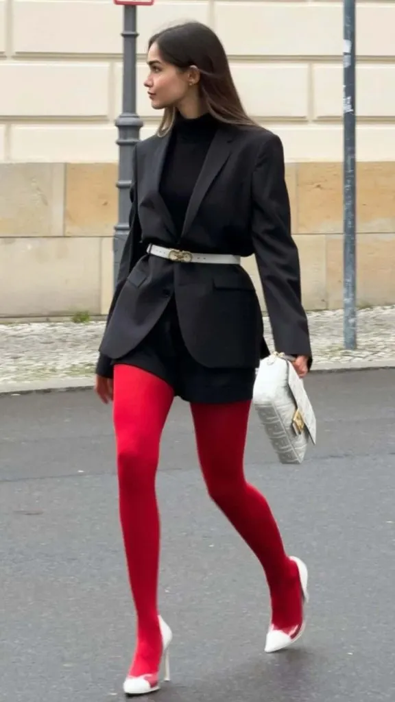 black blazer and red tights