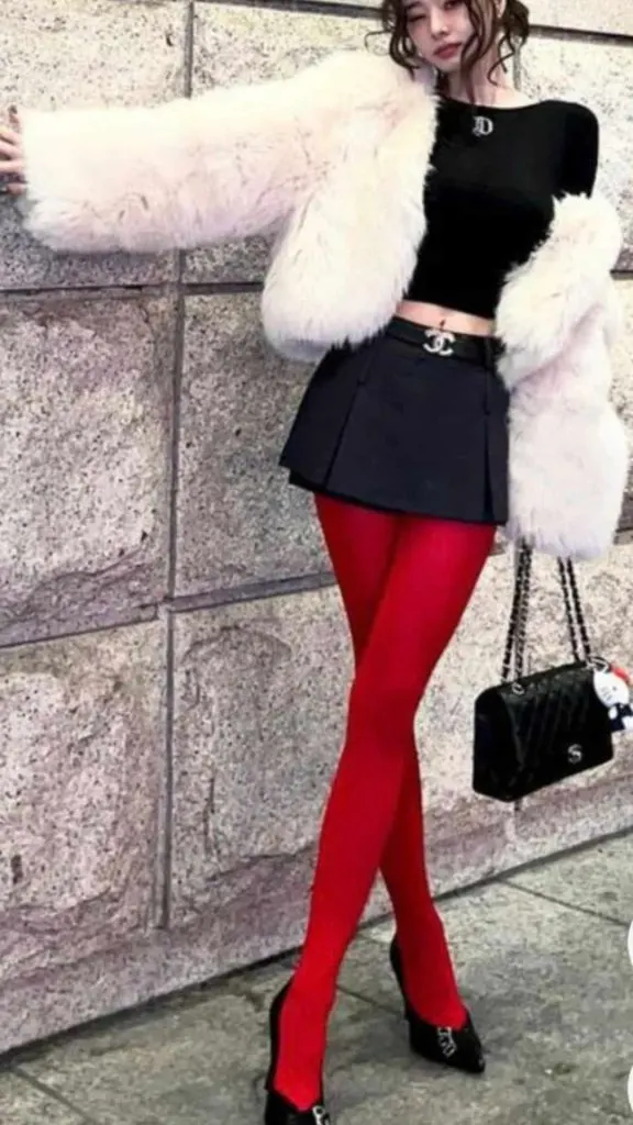 faux fur coat and red tights