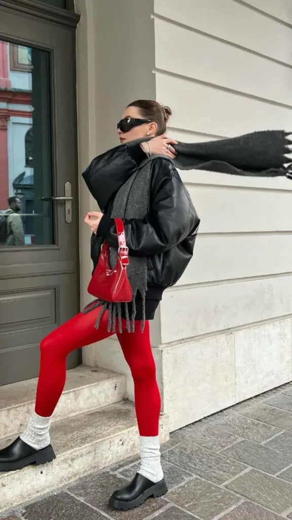 red tights black jacket outfits winter
