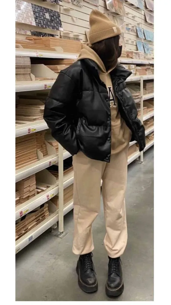 puffer jacket and beanie