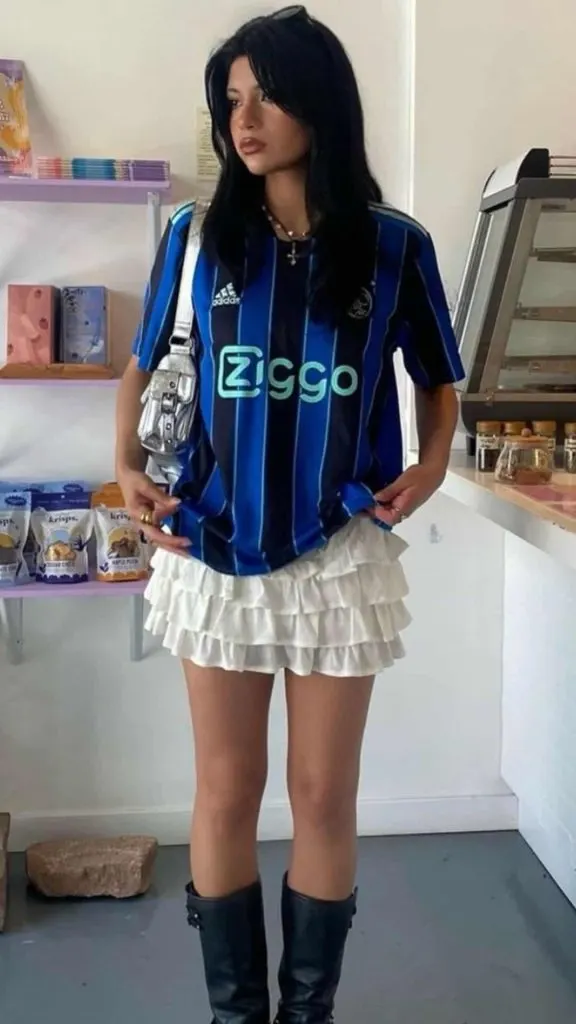 football jersey and mini tiered skirt