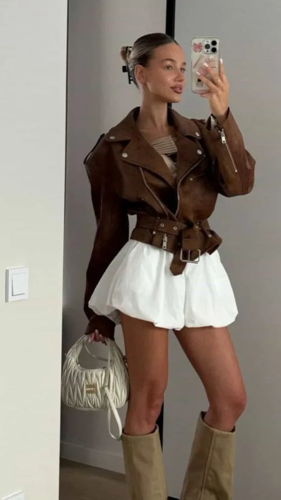 brown biker jacket , bubble white skirt
