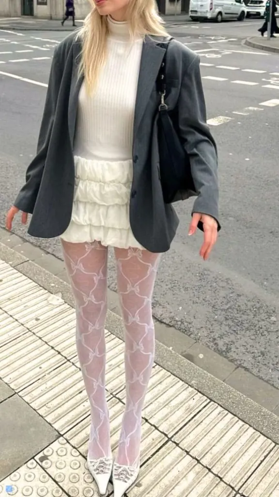 white tiered mini skirt , sheer tights
