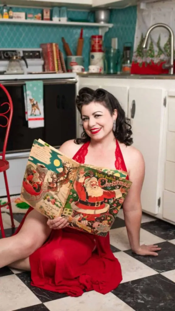 red halter neck dress and retro hairstyle