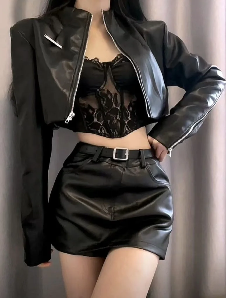 black lace top and black leather jacket