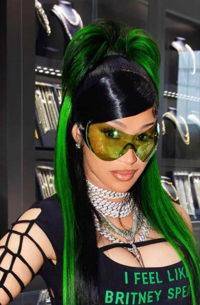 Cardi B outfit green hair