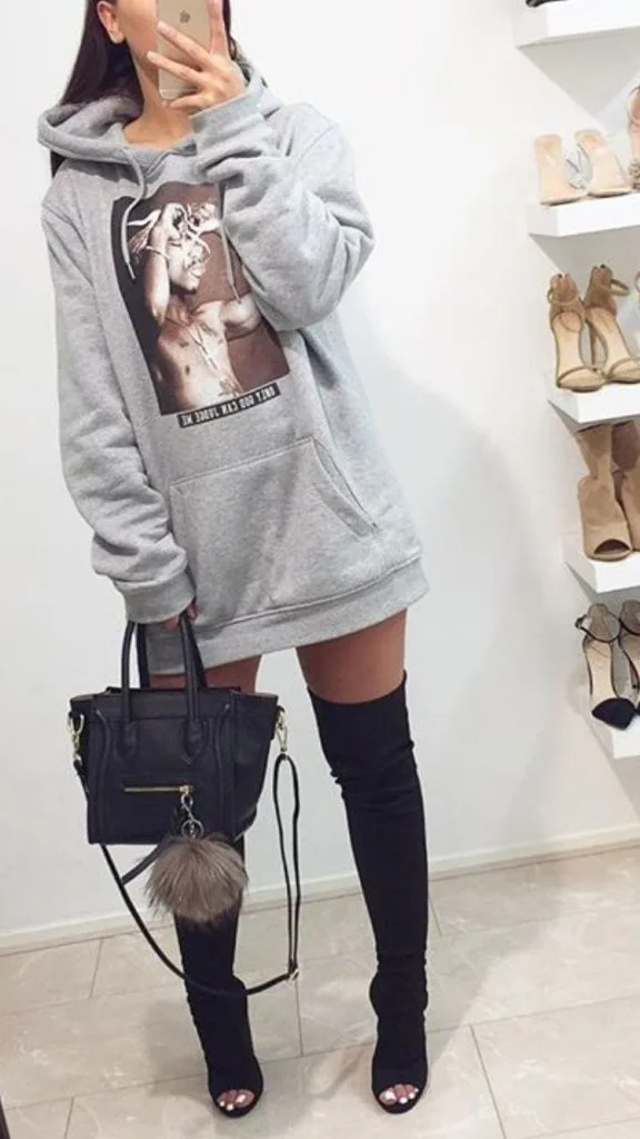 hoodie and black knee high boots