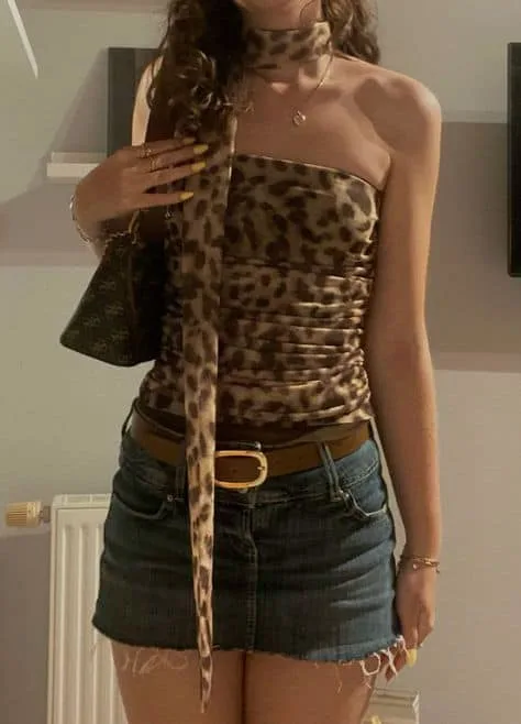 leopard top with denim skirt