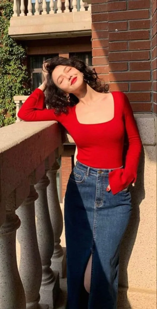 red top and denim skirt long