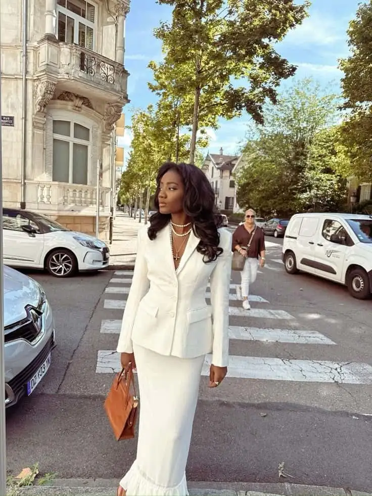 white blazer and long skirt outfit
