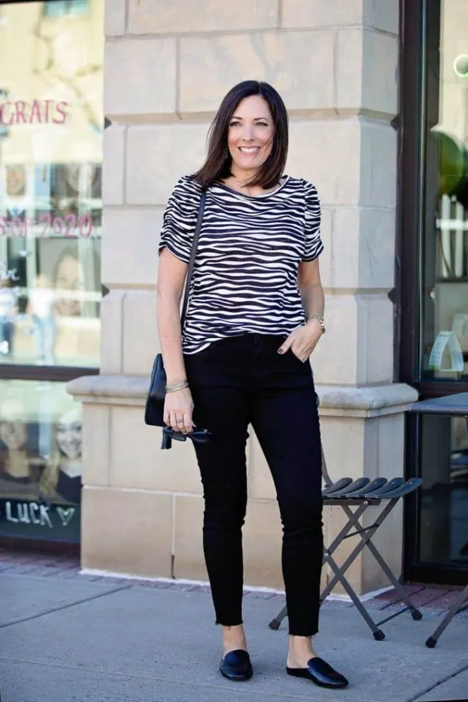zebra tee shirt and black pants