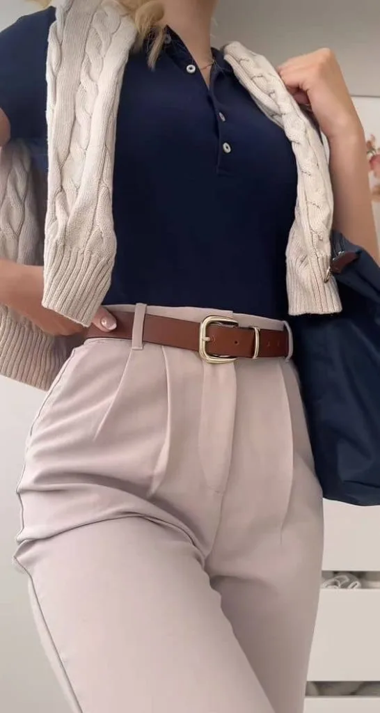 cardigan and beige pants with belt