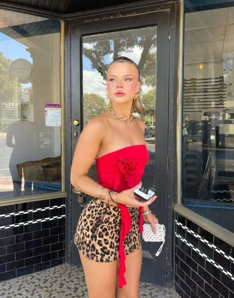 red top and cheetah print outfit skirt
