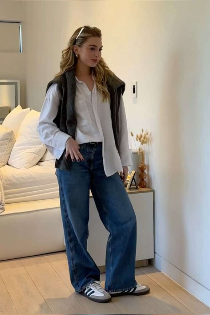 cute half tuck white shirt outfit jeans