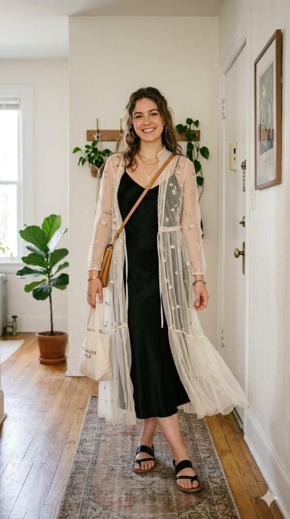 slip dress and sheer dress outfit