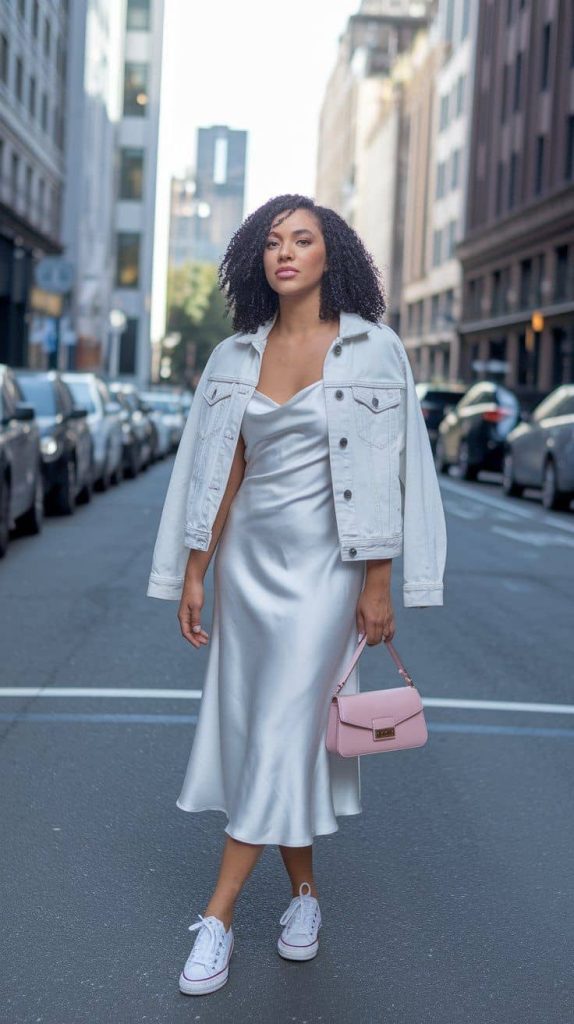 The denim jacket and slip dress MOVIE DATE outfit