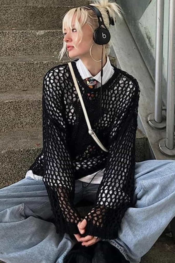 grunge outfit layered knit sweater
