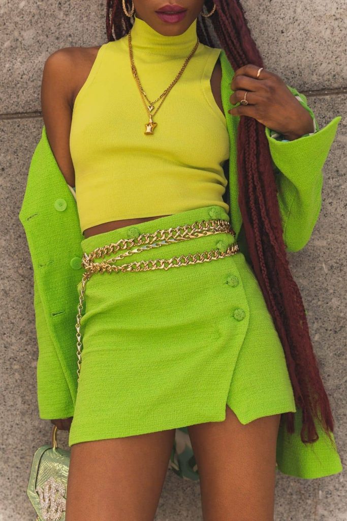 neon statement blazer outfit