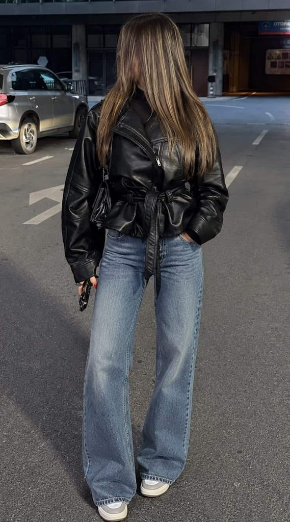 oversized leather jacket and jeans outfits
