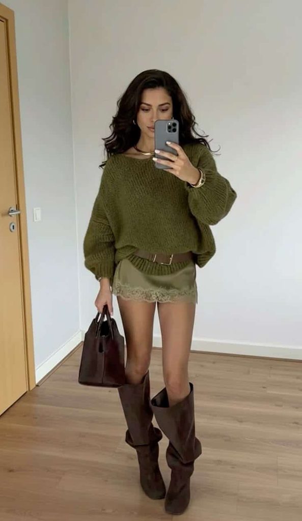 slouchy boots and knit top