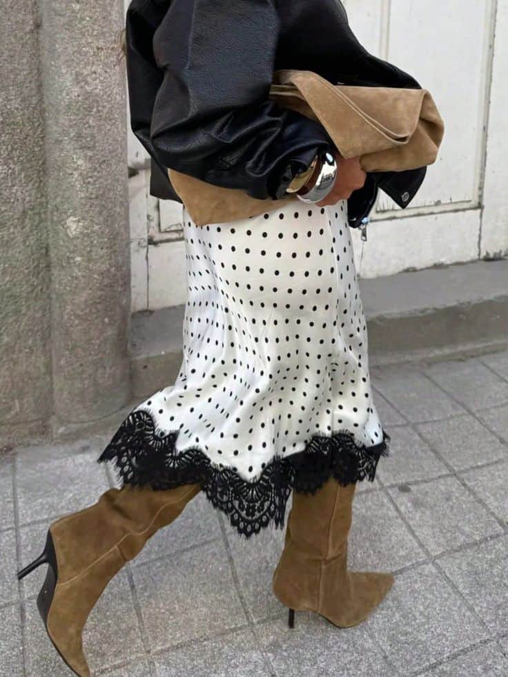 midi skirt and slouchy boots