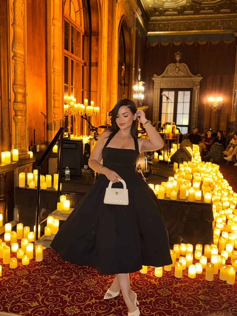 candlelight concert outfit ideas black midi dress